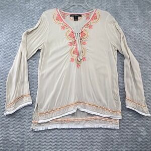 Love Stitch‎ Embroidered Tunic Top M Boho Hippie Peasant Fringe Cream Beige